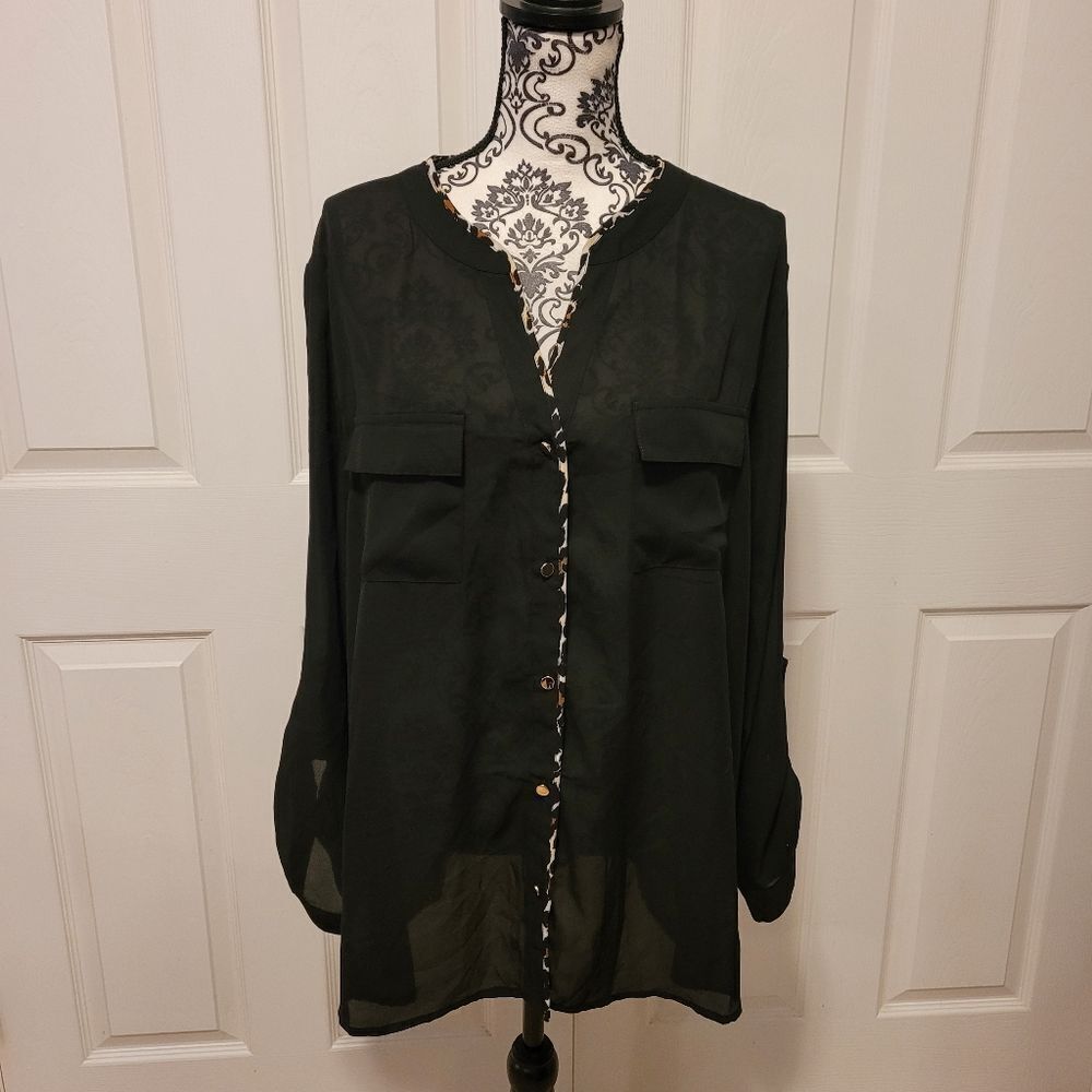 Axaxa 2X black‎ leopard print trim sheer top